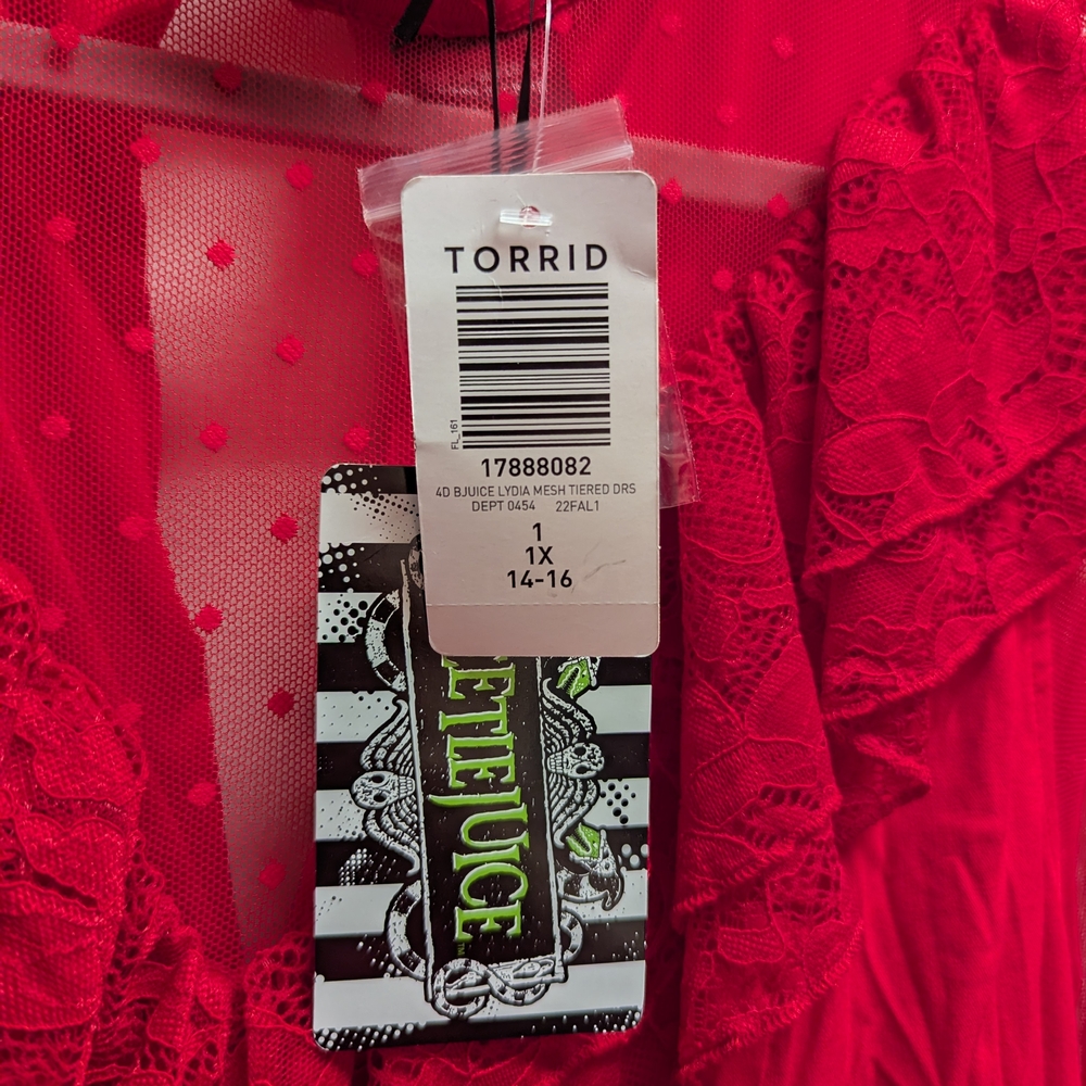 Beetlejuice Lydia Stretch Challis Red Mesh Tiered Dress - Picture 6 of 6